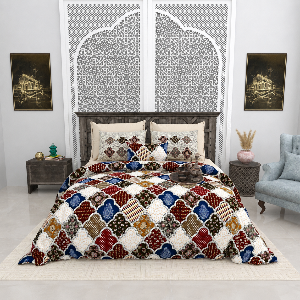 Aaramya Royal Weave Collection royal arches bedsheet with intricate patterns in rich colors, showcasing luxurious fabric and design.