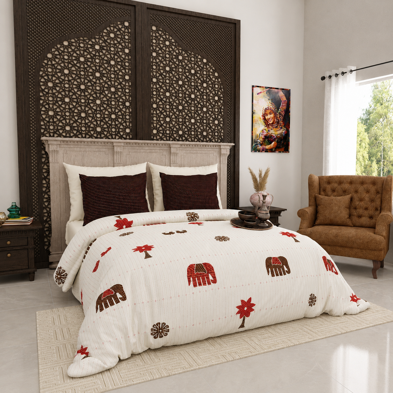 Aaramya Royal Weave Desert Elephants bedsheet featuring intricate elephant motif in warm earthy tones, made by aaramya.