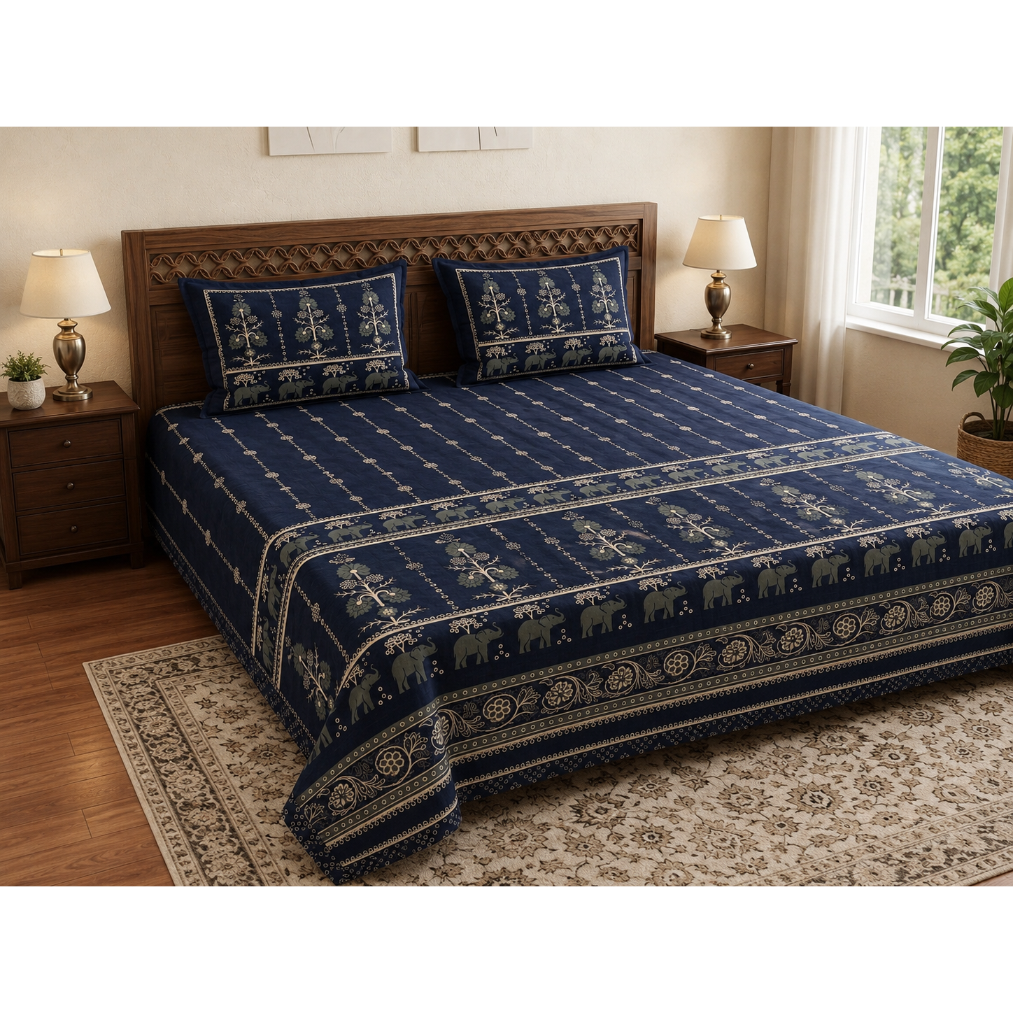 Aaramya Heritage Midnight Heritage bedsheet from the Heritage Weave Collection with intricate woven patterns in deep midnight blue.