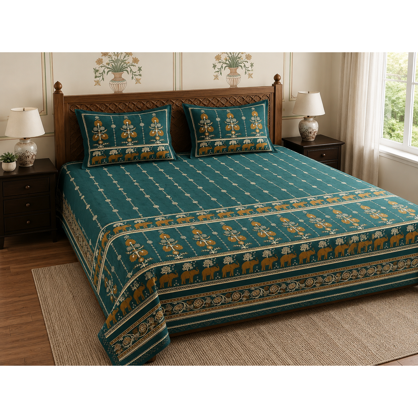 Aaramya Heritage Weave Collection emerald bedsheet with intricate traditional patterns, showcasing rich heritage and fine craftsmanship.