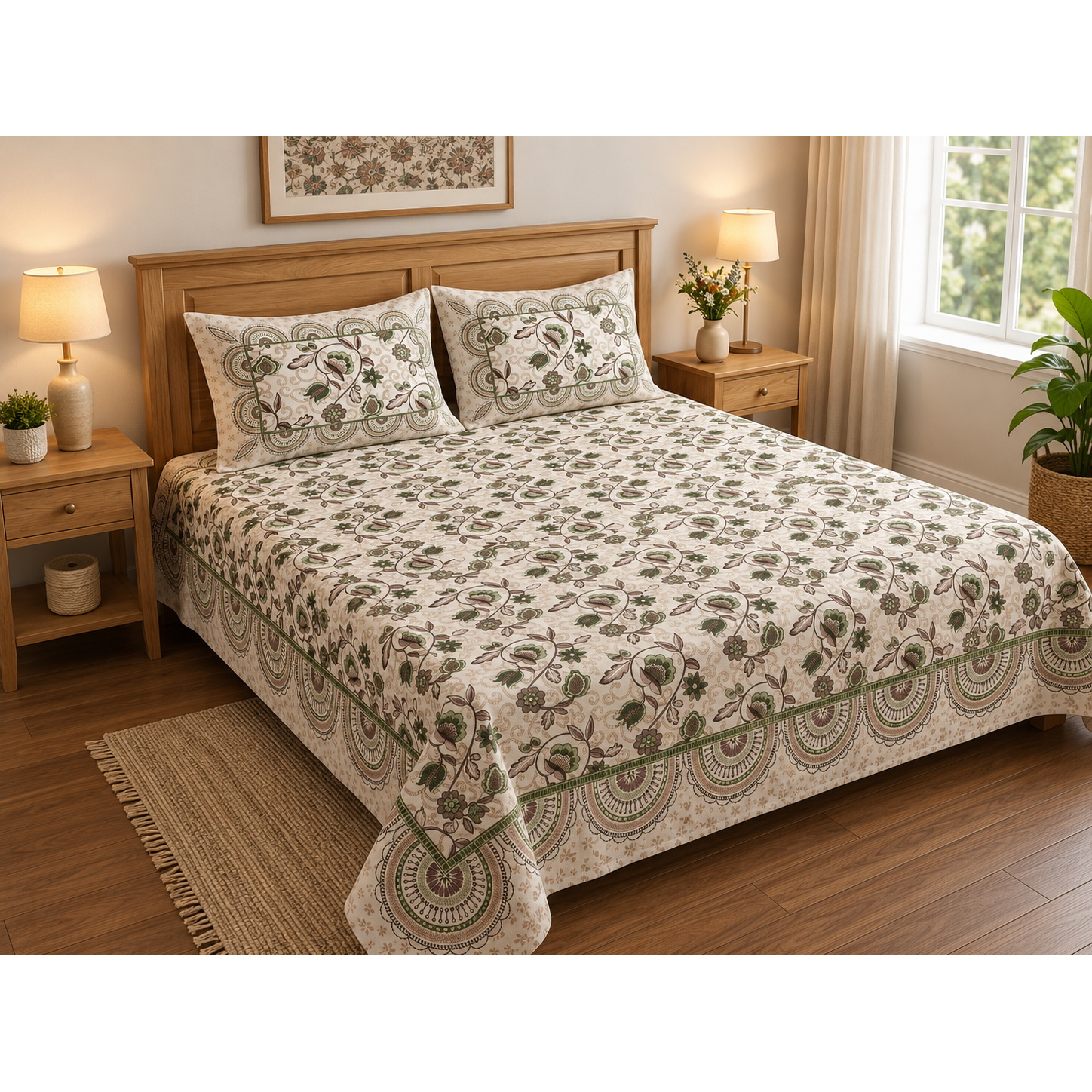 Aaramya Heritage Sage Blossom bedsheet from the Heritage Weave Collection featuring intricate woven design and soft fabric.