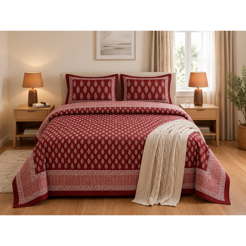 Aaramya Classic Weave Collection Ruby Essence bedsheet with intricate pattern and rich red color, showcasing soft fabric and elegant design.