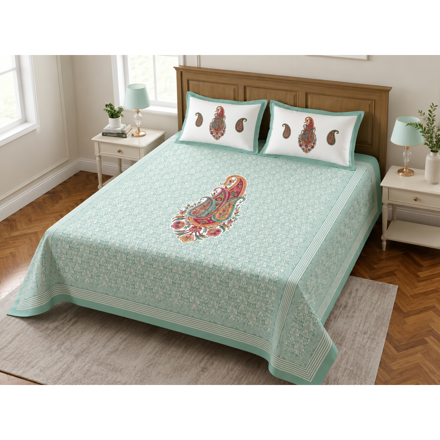 Aaramya Classic Collection mint paisley bedsheet with intricate paisley patterns on soft fabric for elegant bedroom decor.