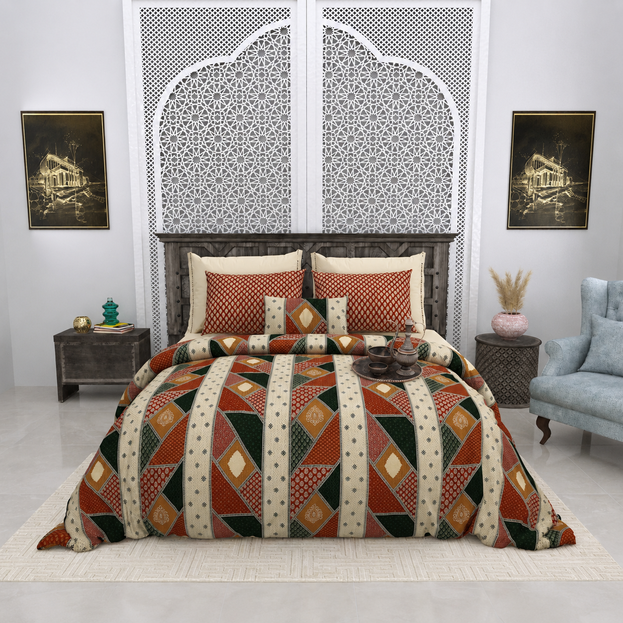Aaramya Royal Weave Collection Royal Mosaic bedsheet with intricate patterns in rich colors, showcasing elegant fabric and design.