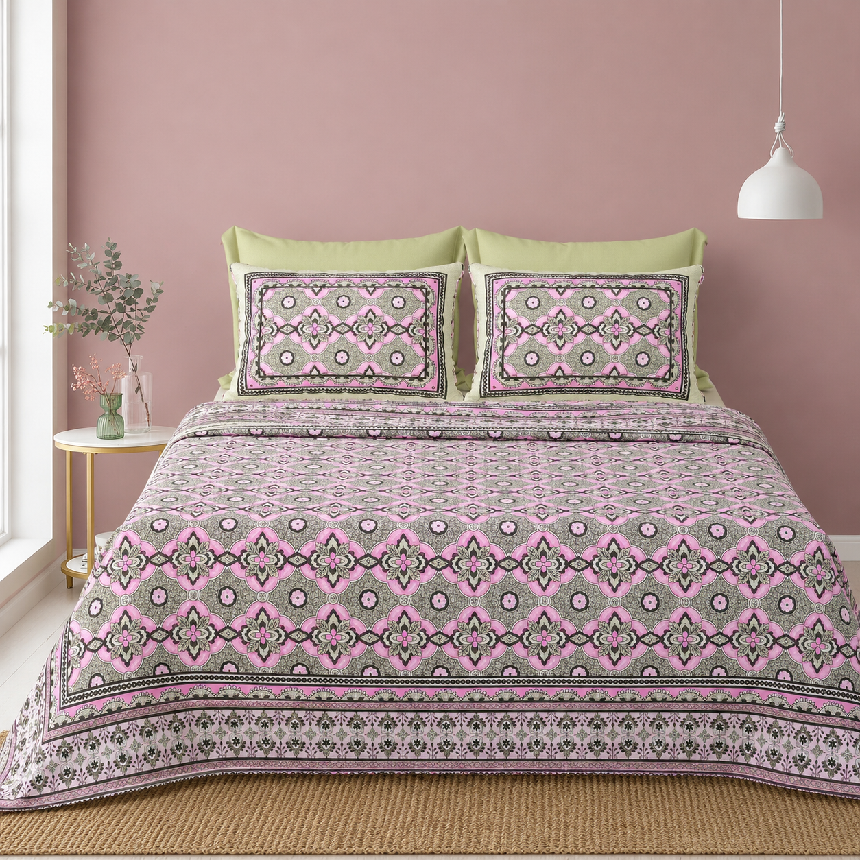 Aaramya Classics Collection Rosé Mosaic bedsheet with intricate pink and white mosaic pattern on soft fabric.
