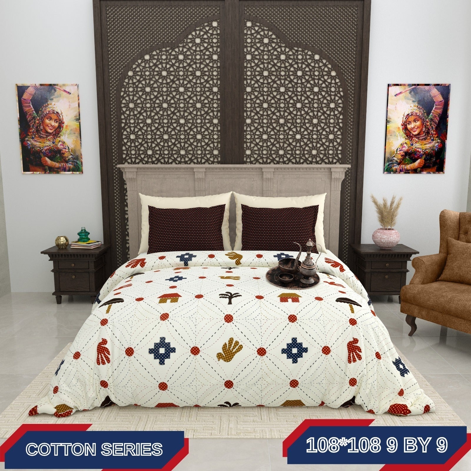 Aaramya Royal Heritage Weave bedsheet with folk motifs, showcasing intricate traditional patterns and vibrant colors.